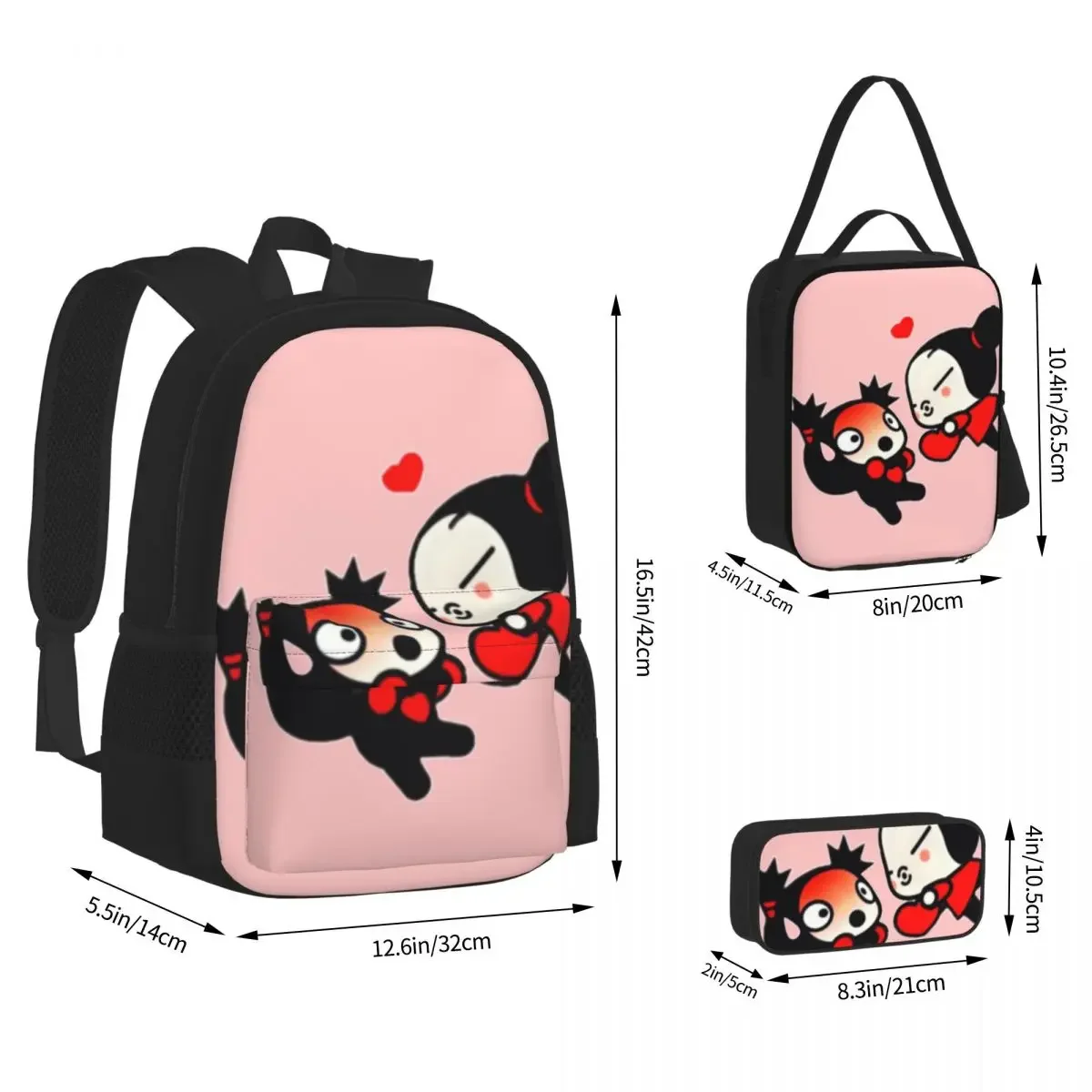 Cute Pucca And Garu Love Valentine Backpacks Boys Girls Bookbag School Bags Kids Rucksack Lunch Bag Pen Bag Three-Piece Set