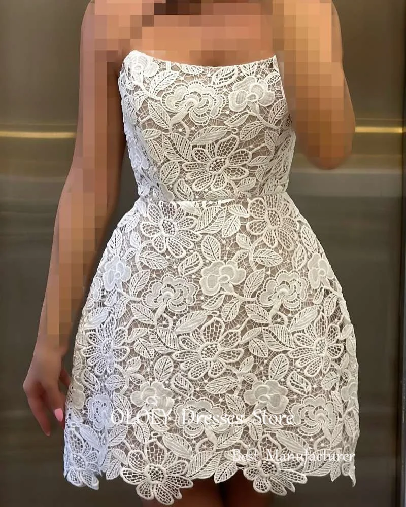 

OLOEY Short Full Lace Mini Wedding Gowns Women Strapless Summer Bride Gowns Robe de mariage Vestidos de noiva Plus Size