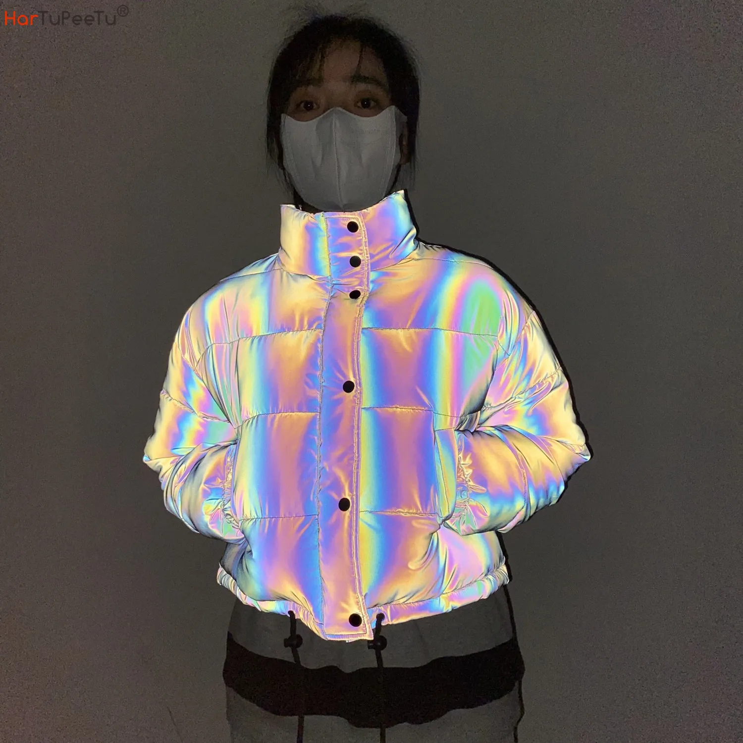 

Rainbow Reflective Winter Jacket Women 2023 Cotton Padded Coat Colourful Zipper Crop Top Warm Stand Collar Parka