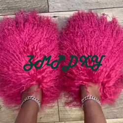 New Fluffy Long Hair Slippers Pink Sheep Fur Slippers Winter Women Plush Flat Shoes Outdoor Indoor Slippers Mongolian Fur Slides