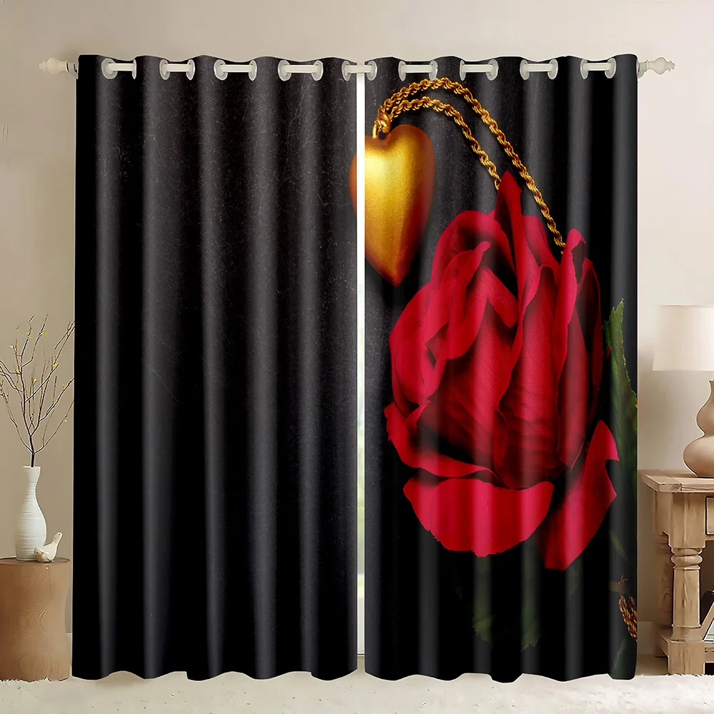 Red Rose Blooming Window Curtains with Love Gold Necklace,Female Girl Valentine Burgundy Flower Lover Romantic Blackout Curtains