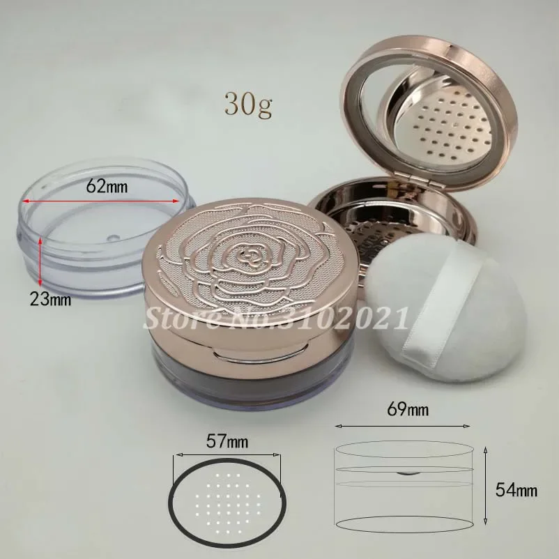 10pcs/lot 30g Empty Round Double Layer Loose Powder Case Jar Rose Gold Cosmetic Powder Compact Bottle with Grid & puff & mirror