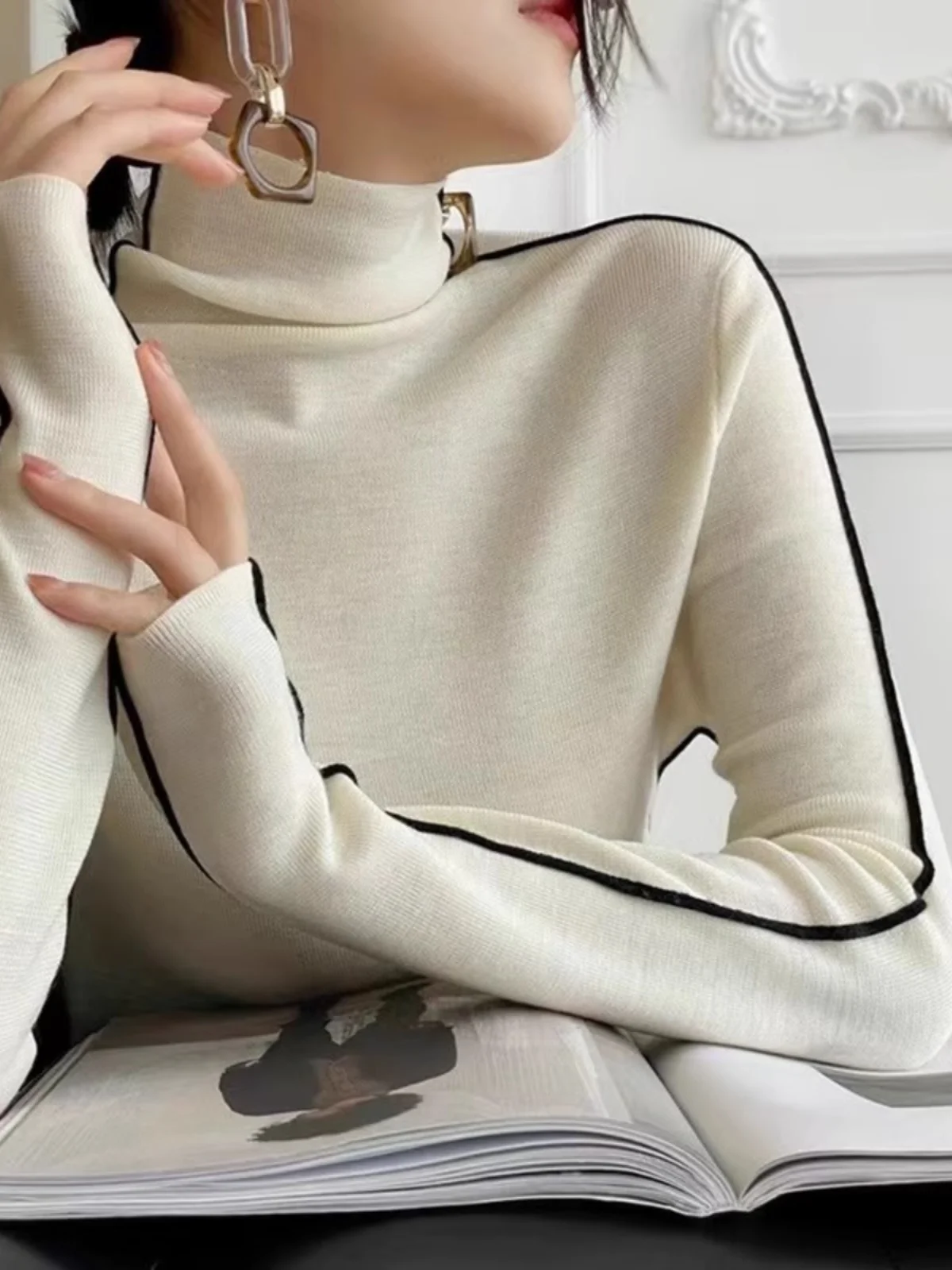 Suéter de Cachemira Estilo Coreano, Cuello Alto, Manga Larga, Ropa Interior para Mujer, Top Moderno para Otoño e Invierno