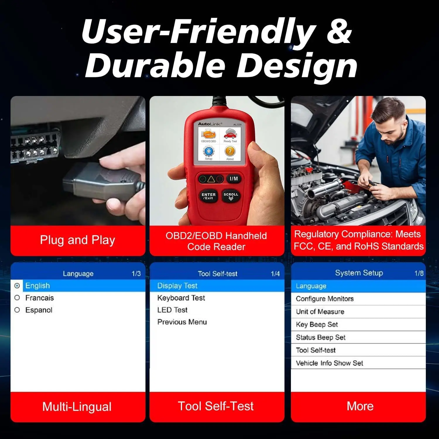 OBD2 Scanner AL329, Auto VIN, Check Engine Light Code Reader, MIL Reset, One-Click I/M Readiness, CAN Diagnostic Tool for OBD II