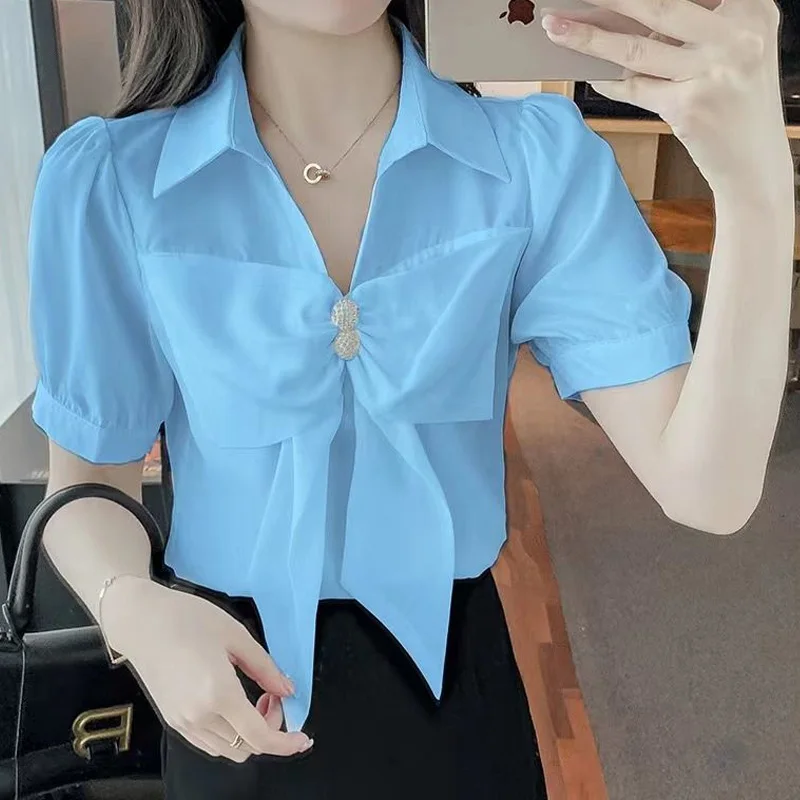 Temperament Bow Patchwork Shirt Tops Polo Neck Short Sleeve Solid All-match Youth Blouse Sweet Fashion Women Clothing Summer New