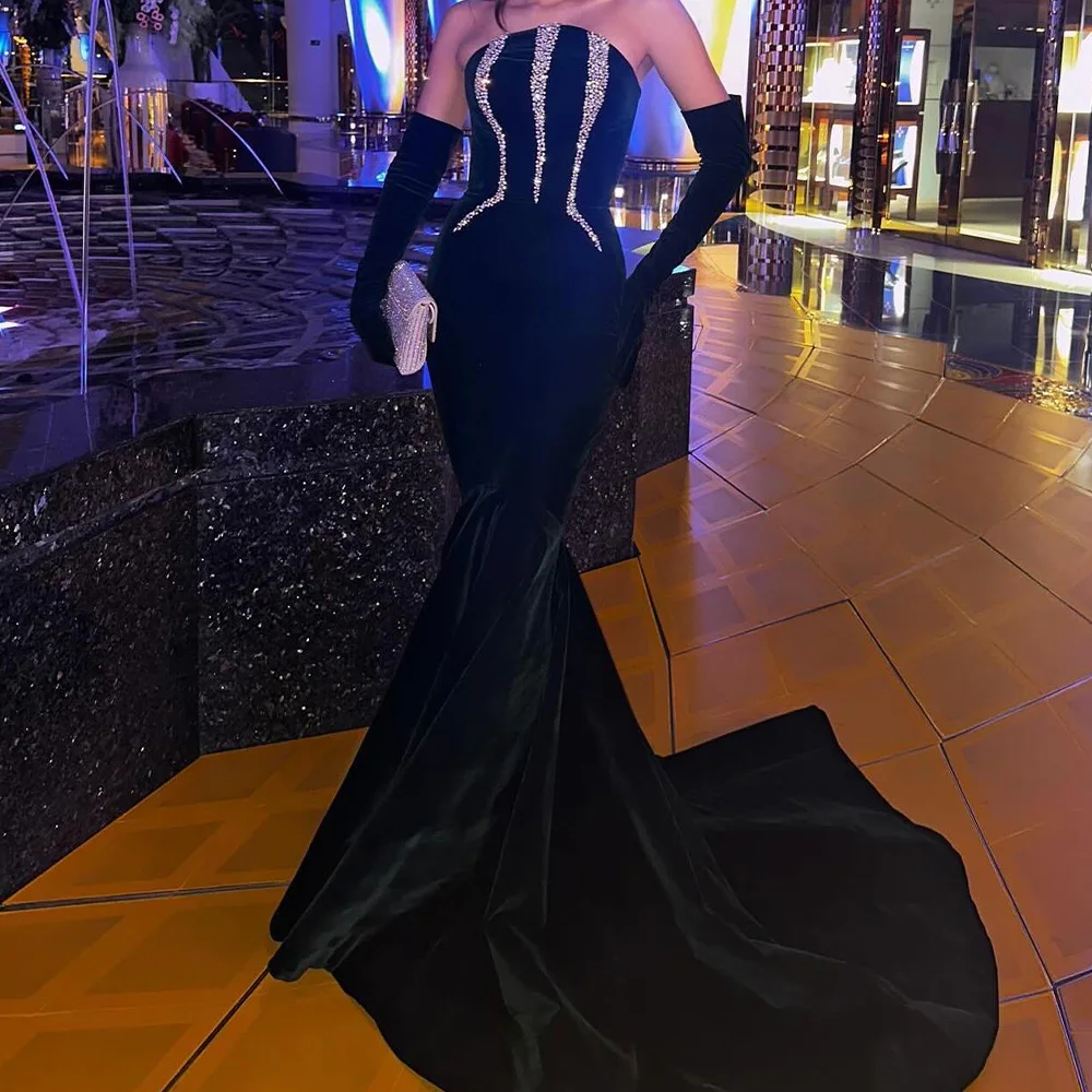 

Straight Floor Length Strapless Detachable Sleeve Velvet Sleeveless Crystal Evening Dress Celebrity Gowns Exquisite and Modern