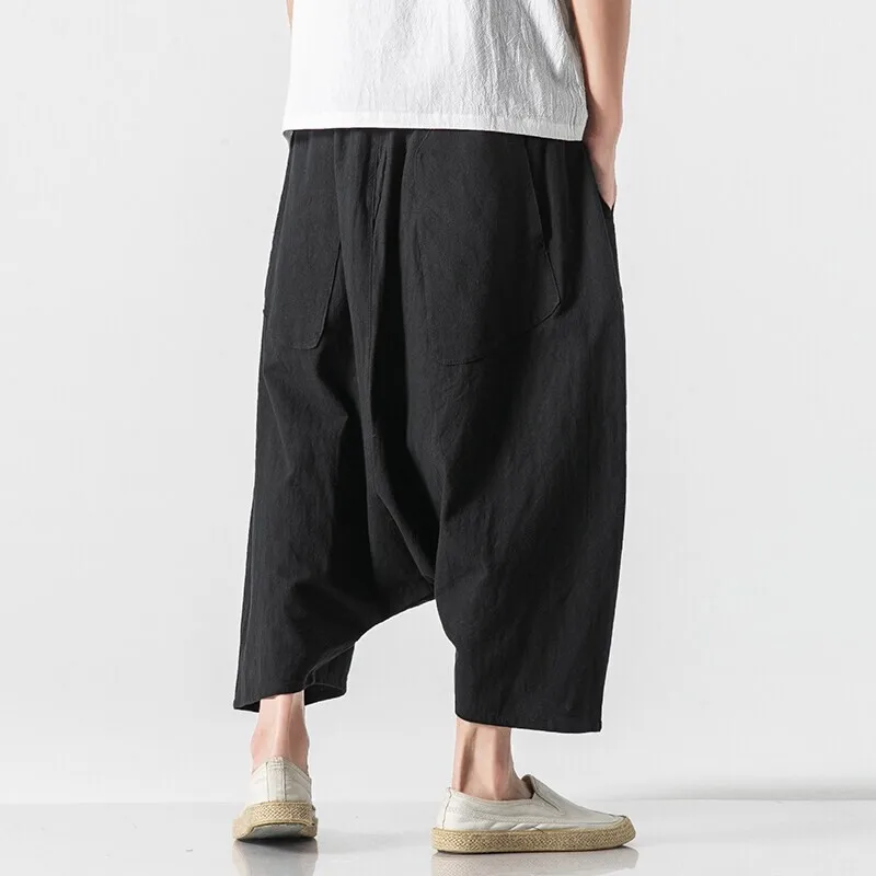 الرجال قطرة المنشعب الصليب السراويل القطن الكتان سراويلي حريمي الصيف ضوء رقيقة فضفاضة المتضخم الصلبة عادية بنطال ذو قصة أرجل واسعة الشارع الشهير الرجال