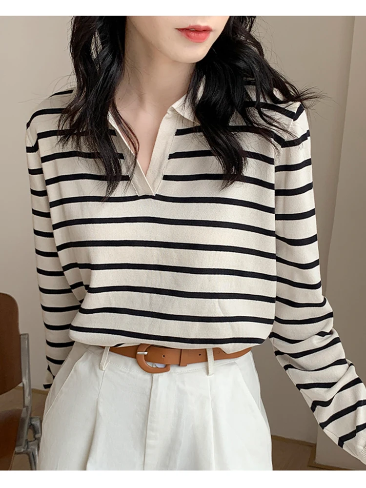 QOERLIN Striped Polo Neck Knit Top Ladies Long Sleeve Polo Shirts with Collar 2023 Spring New Classic Tops Ladies Sweeater Shirt