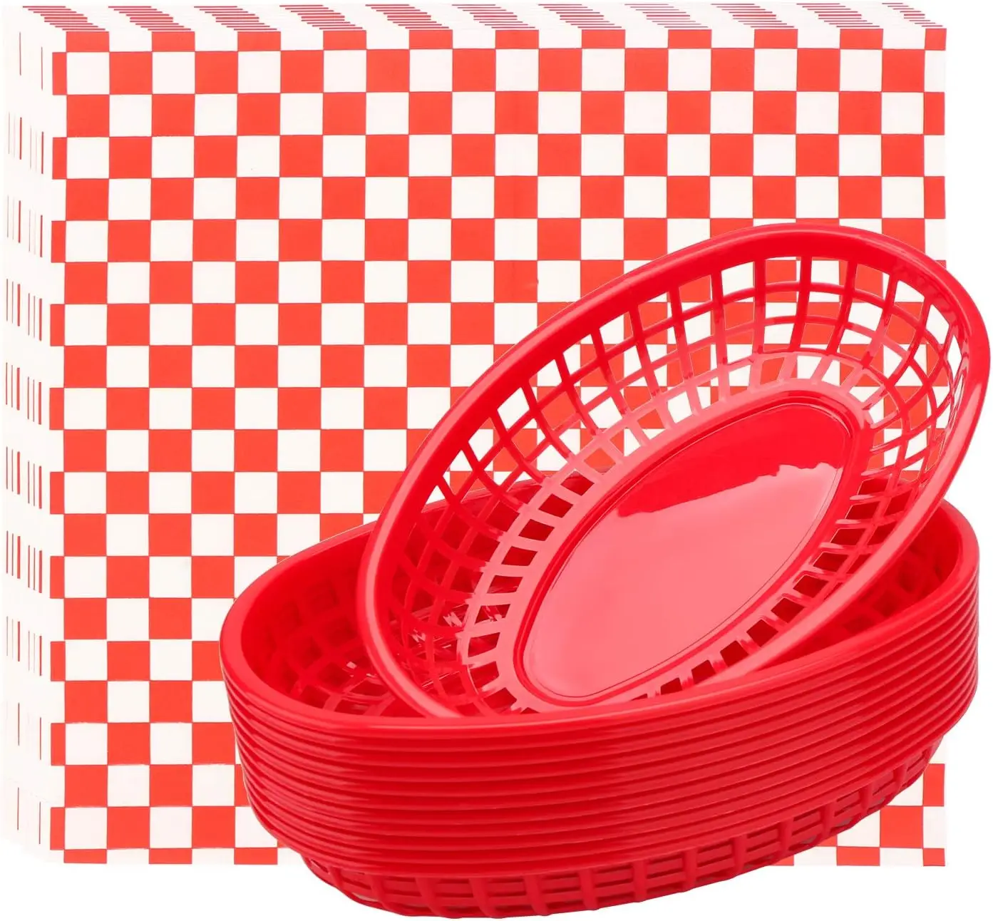 Juego de 12 Cestas para Pan y 100 Forros de Papel para Alimentos - Set de Servicio para Restaurantes, Ideal para Pollo, Hamburguesas y Papas Fritas