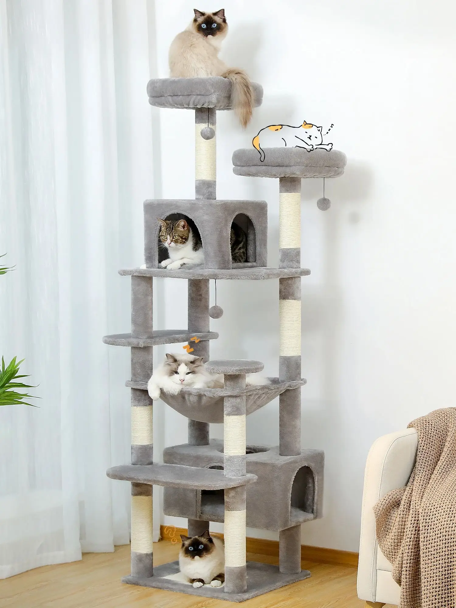 Grote Krabpaal en Toren voor Binnenkatten Met Sisal Bedekte Krabpalen Ruime Hangmat Gewatteerde Zitstokken en Condos Kattenspeelgoed - afbeelding 2