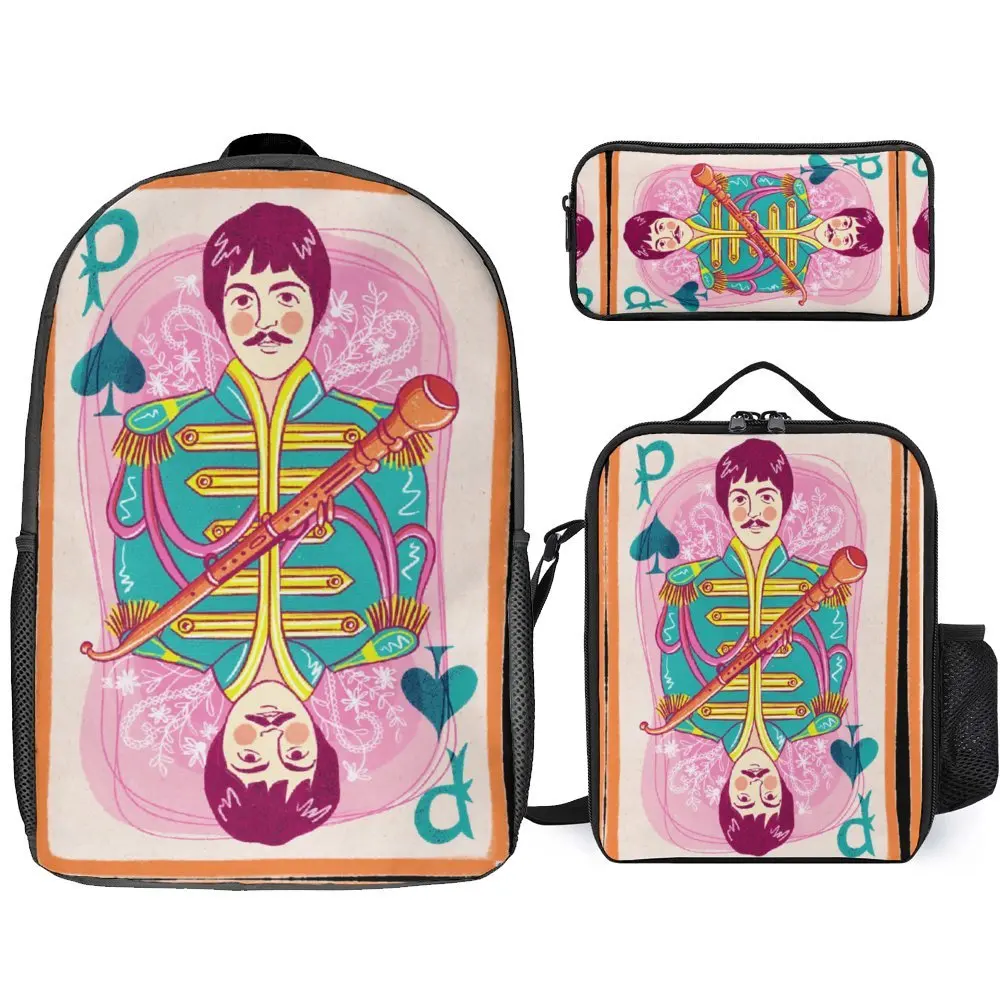 

3 in 1 Set 17 Inch Backpack Lunch Bag Pen Bag Guitarist Casual The Beatle Handsome Excellent Musician 5 Firm Funny Graphic Snug