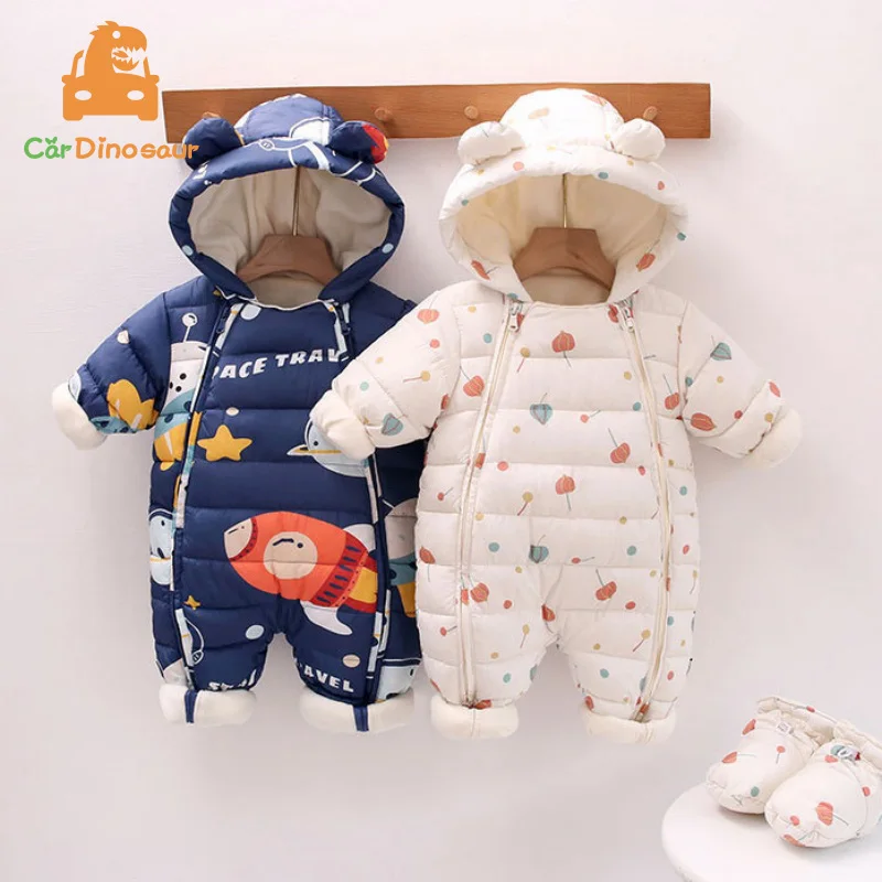 

2025 зимний теплый комбинезон для новорожденных 3 м, 6 м, 9 м, 12 м, 18 м, 24 м, бархатный комбинезон с узором для мальчиков и девочек, толстые комбинезоны с обувью