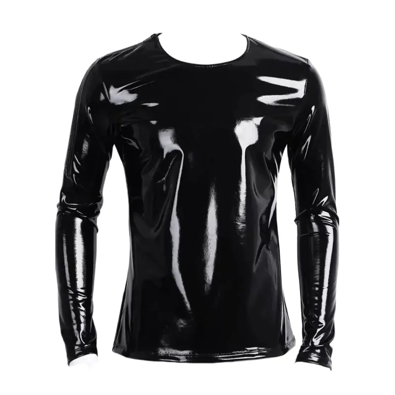 

Wet Look PVC Long Sleeve T Shirt Men Tshirt Shiny PU Leather Hip Hop Tee Shirts Muscle Hot Shaper Tops Tights Streetwear