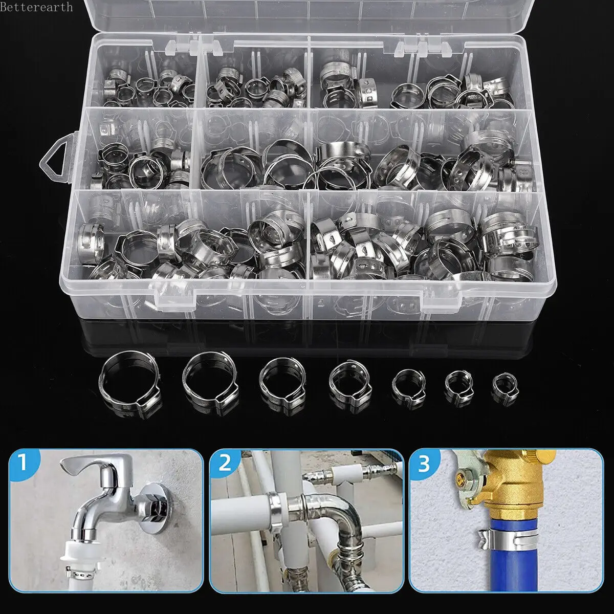 45/80/130/140pcs Single Ear Stepless Hose Clamps 5.8-23.5mm 304 Stainless Steel Hose Clamps Cinch Clamp Rings for Sealing Kinds