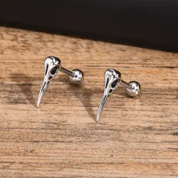 MP Punk Crow Skull Earrings for Men Boys,Simple Metal Stainless Steel Stud Earrings,Vintage Viking Halloween Jewelry Gifts