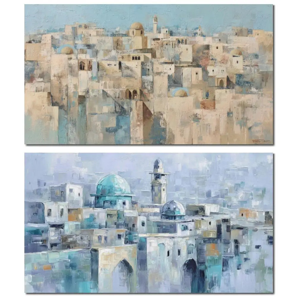 

Original Jerusalem Painting Hand Painted Canvas Art Abstract Landscape Contemporary Judaica Living Room Decor Large Textured
