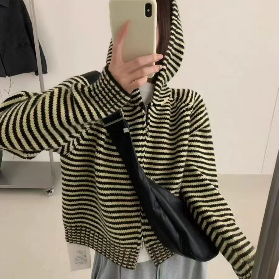 

Женский вязаный свитер Jaet, толстовка на молнии, полосатая цветная блузка, свободный крой, осень-зима, модный корейский топ Long Sve