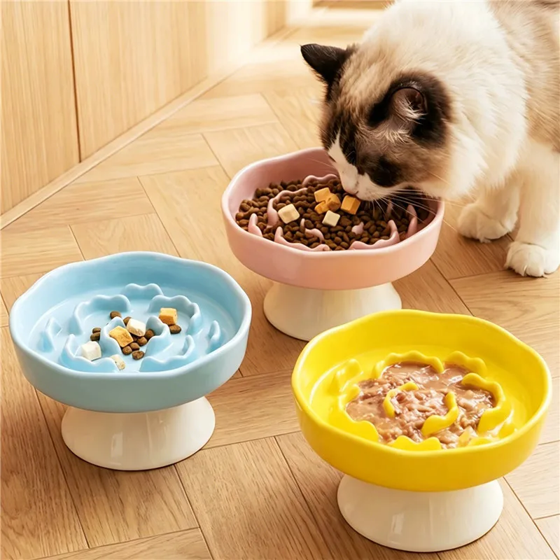 Comedero Lento de Cerámica para Perros y Gatos, Elevado, Antideslizante, con Protección para el Cuello, para Mascotas Pequeñas y Medianas