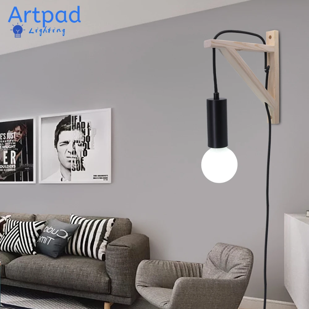 

Artpad INS Style Wood Tripod Sconce With Plug in Modern Nordic Wall Light Fixture for Bedside Dormitory Indoor Wall Hanging Lamp