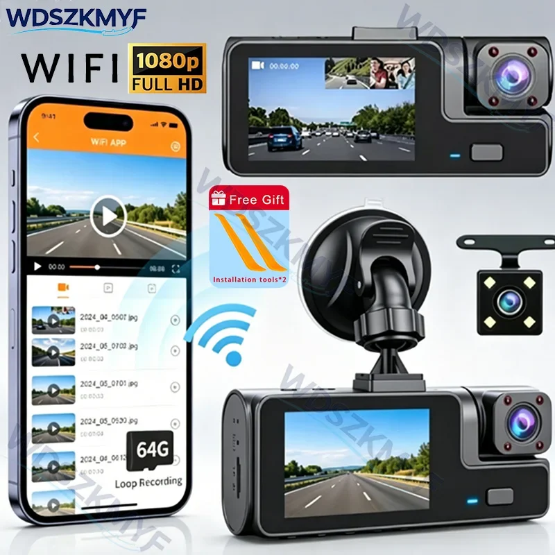 2/3 Channel Inside Vehicle Three Way CameraWIFI HD 1080P Car DVR Recorder Video Registrator Dashcam Camcorder W/IR Night Vision