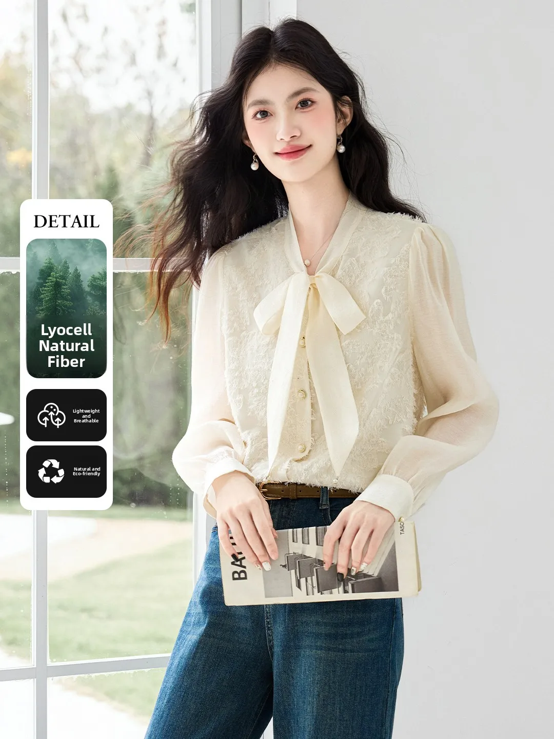 

Xin Fei Yu Women's Silk Blend Chiffon irt Spring 2026 Comfortable Breathable Ties Long Sve Casual Office Sle Loose Fit