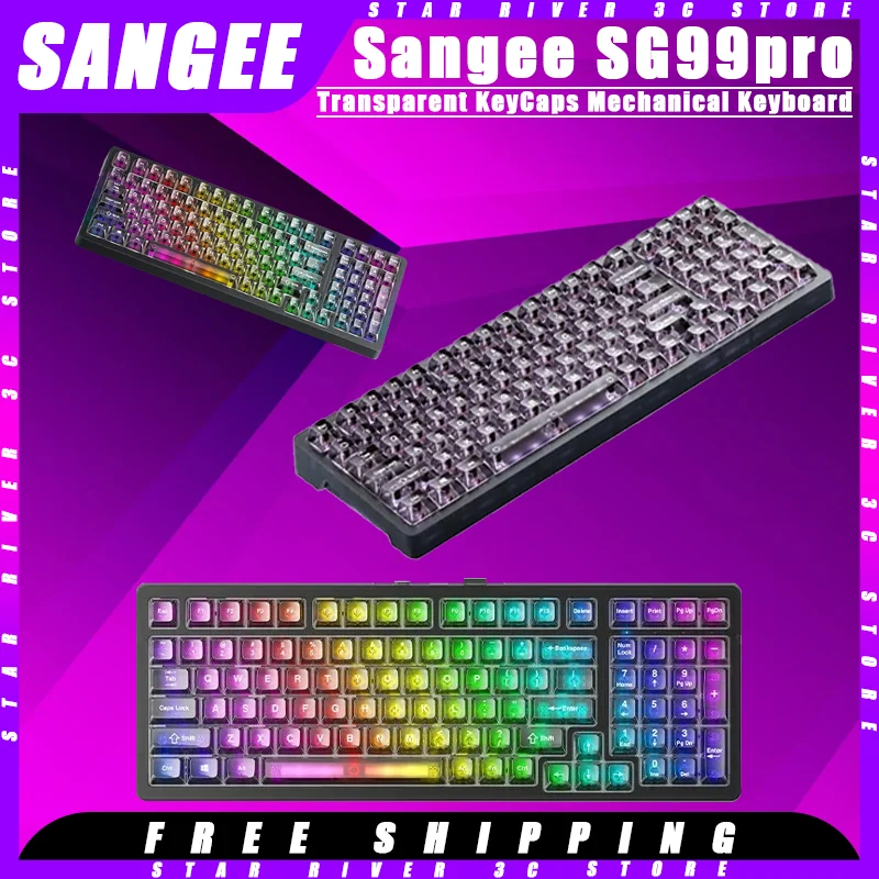 

Sangee SG99pro Mechanical Keyboard Tri-mode Wireless Hot Swappable Transparent Keycaps Customized Gaming Keyboard Pc Accessories