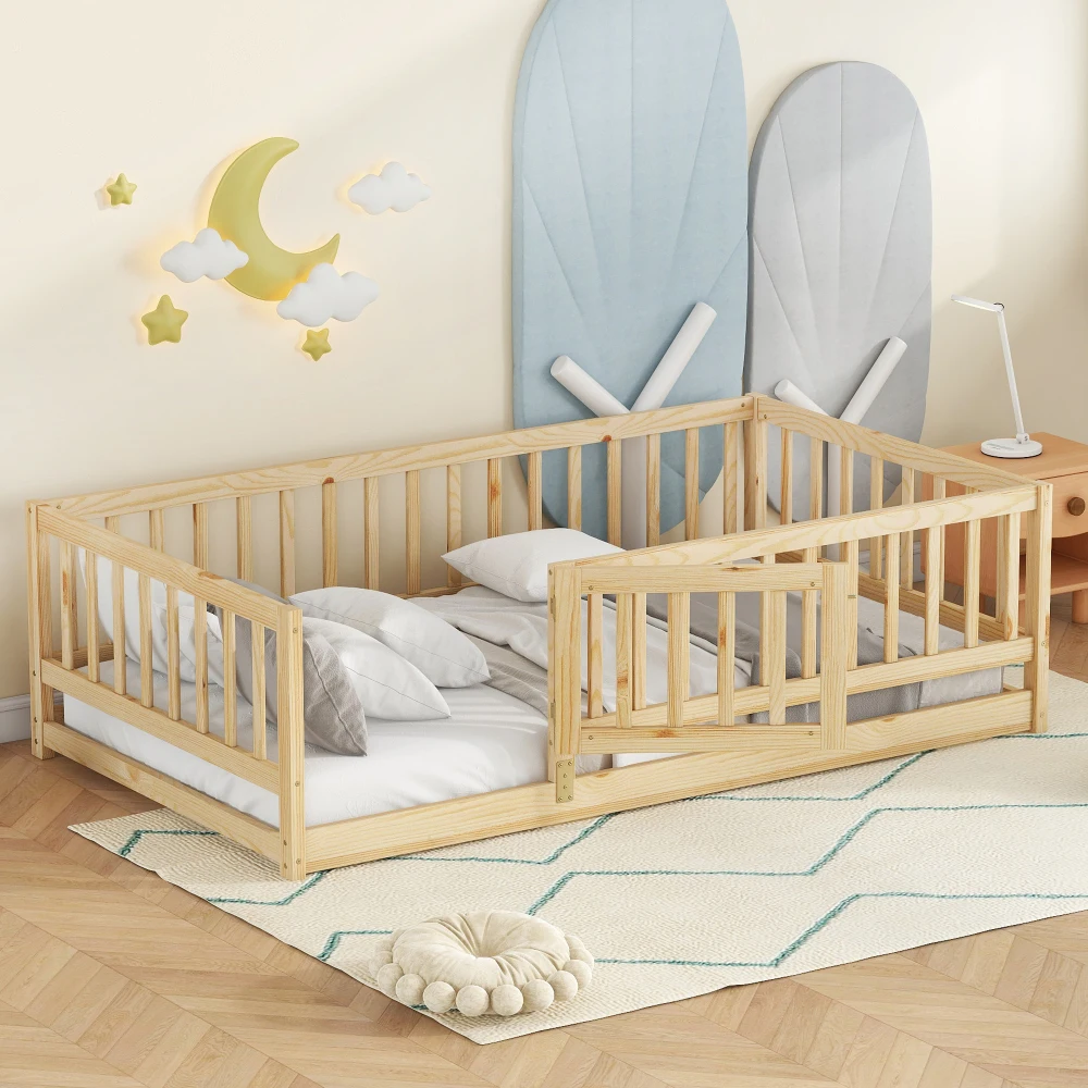 

Twin Size Floor Bed with Slats, Montessori Floor Bed with Fence and Door, Kids Montessori Bed Twin Size, Wood Montessori Floor
