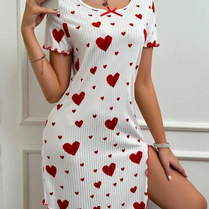 

New Women's Pajama Love Dress Pajama Short Sleeve Printed Bow Loose Pajama Home Clothes Comfortable and Soft Hot Selling Gift