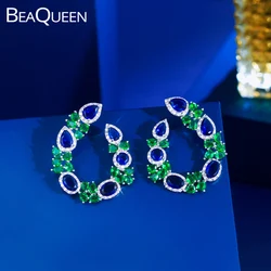 BeaQueen Unique Green Blue Cubic Zirconia Geometric Big Symmetry Stud Earrings Bridal Evening Party Jewelry Gifts for Women E690