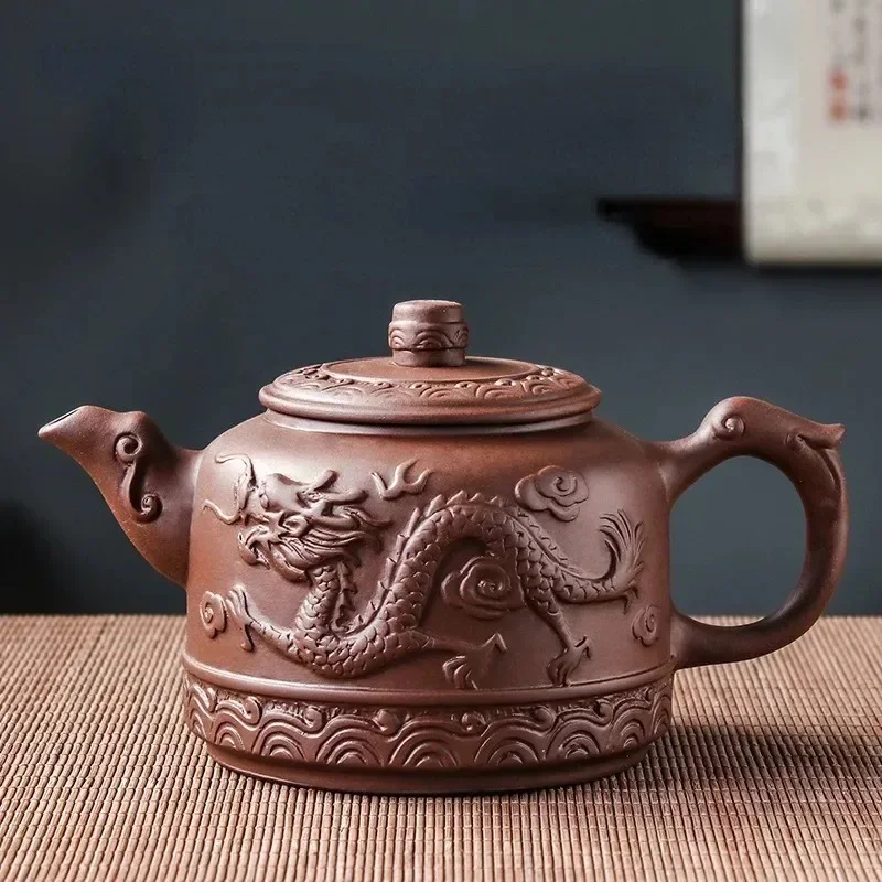 Large Capacity Handmade Dragon Phoenix Tea Pot Household Large Kung Fu Tea Set 600ml Yixing Purple Sand Ceramic Tea Pot