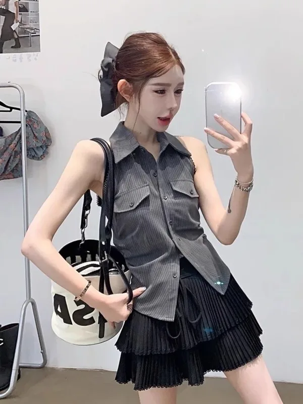 

Trendy Striped Women's irt 2025 New Sle Top Beautiful Bal Waist-Cinching Bla Svel irt Sweet Cool Sle