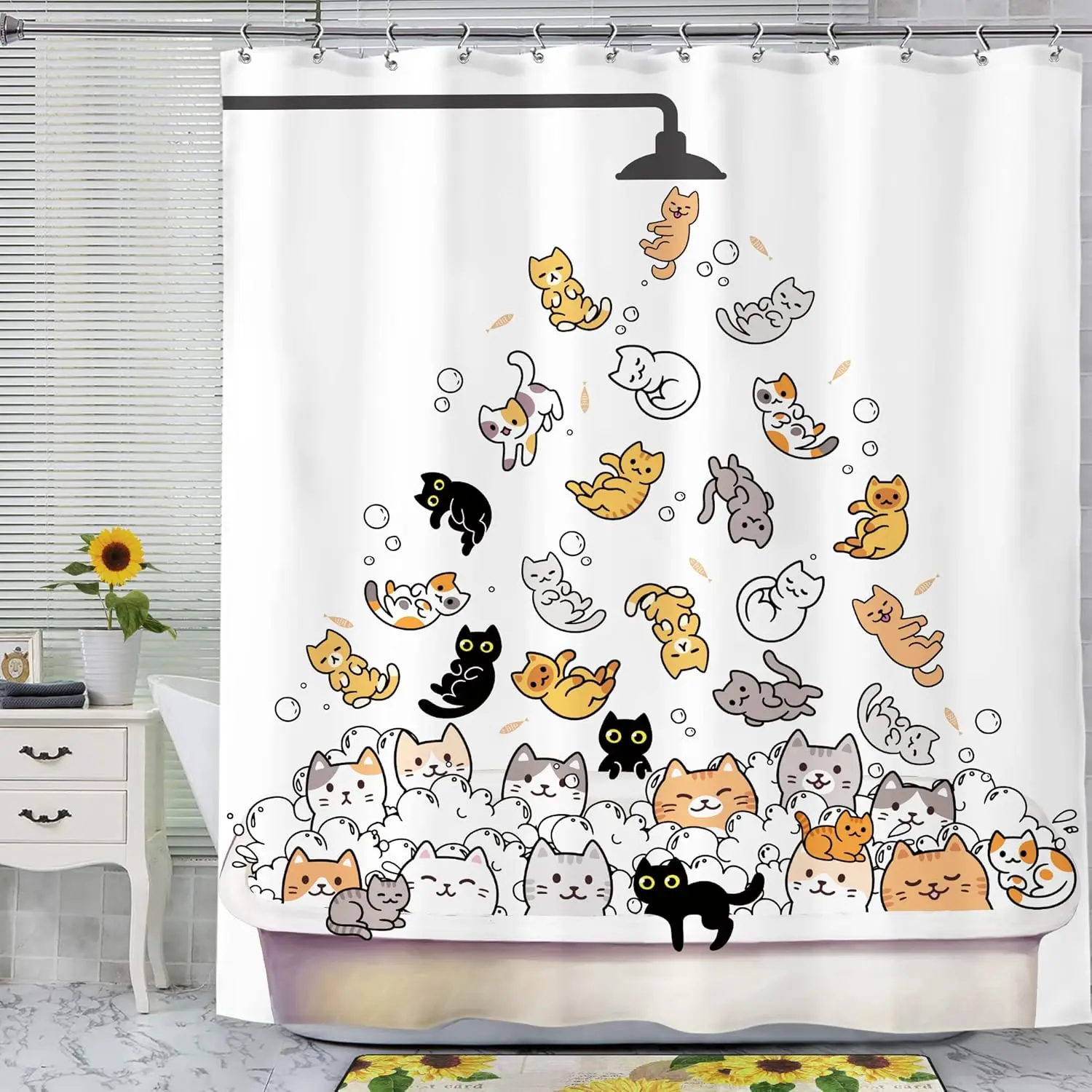 Cute Animals Bathing Cats Dogs Cartoon Shower Curtain Bath Head Bathtub Pattern Kids Child Bathroom Decor Polyester Bath Curtain