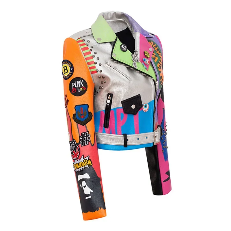 ZURICHOUSE Cropped Leather Jackets Women Colorful Graffiti Studded Coat 2024 Punk Faux Leather Motorcycle Biker Jacket Ladies