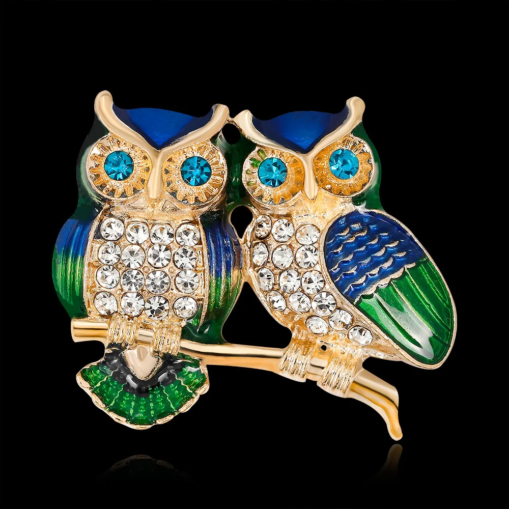 Exquisite Rhinestone Double Owl Animal Brooch Men's and Women's Clothing Badges Fashion Business Casual Accessories