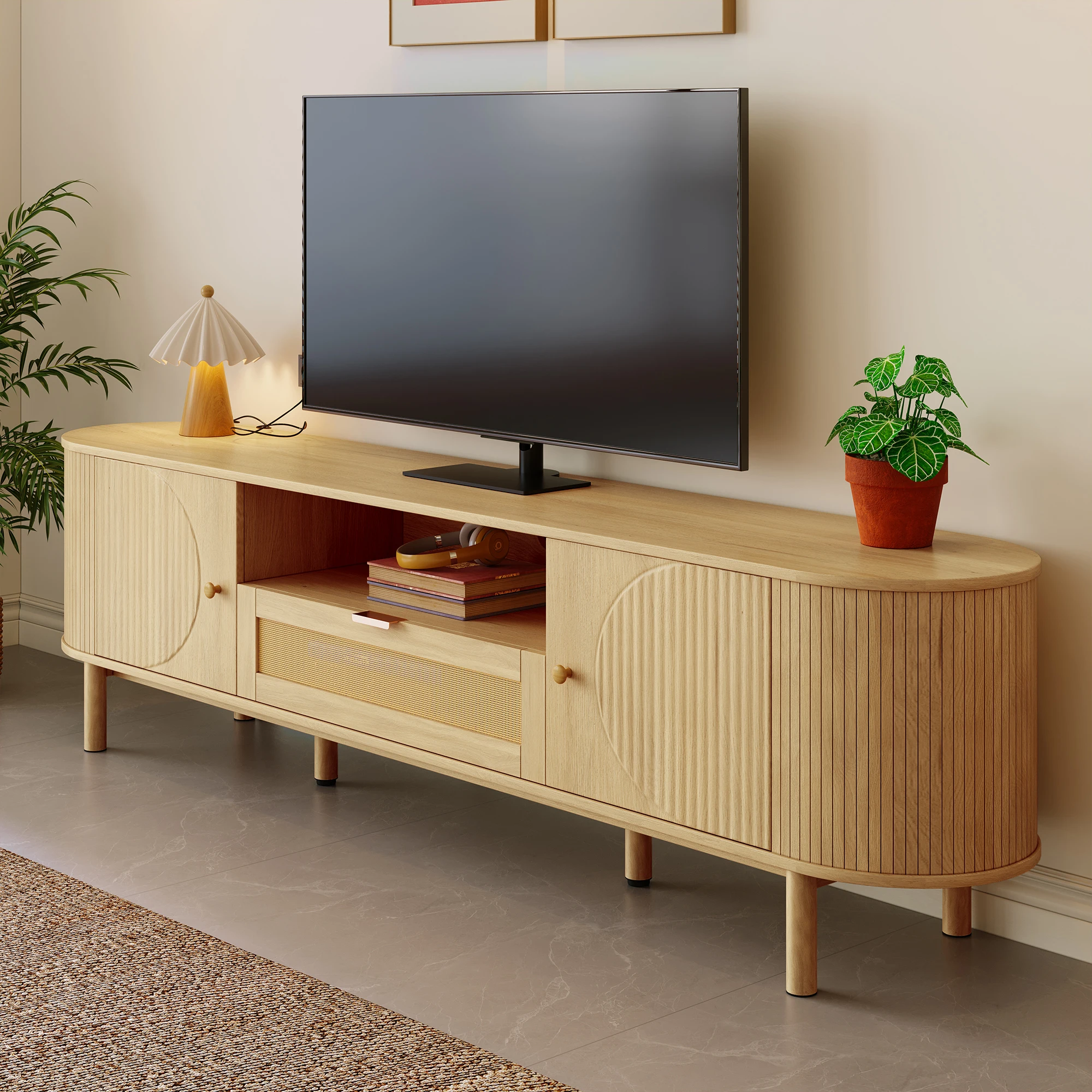 PINGGO Moderner TV-Schrank mit Rattanschublade, offenen Regalen, runder Tischplatte, Metallbeinen, Holzoptik, 175x36x41 cm – Detail 8