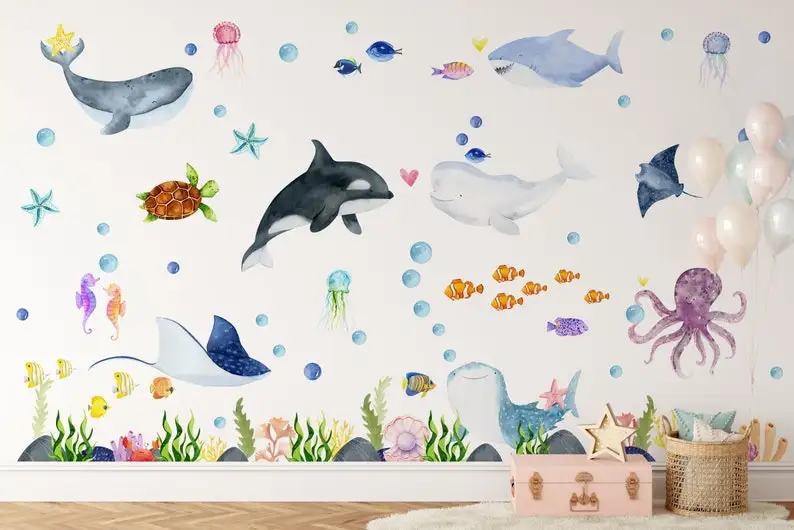 Ocean Animals Wall Decal - Nursery Undersea Wallsticker - Sea Animals Decals - Nautical Nursery Decor - Peel and Stick