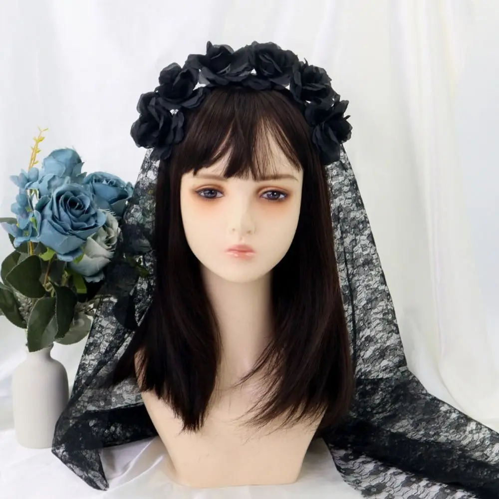 Gothic Ghost Bride Headband Lace Mesh Skull Pattern Halloween Rose Headband Simulation Rose Skull Mesh Veil Hairband
