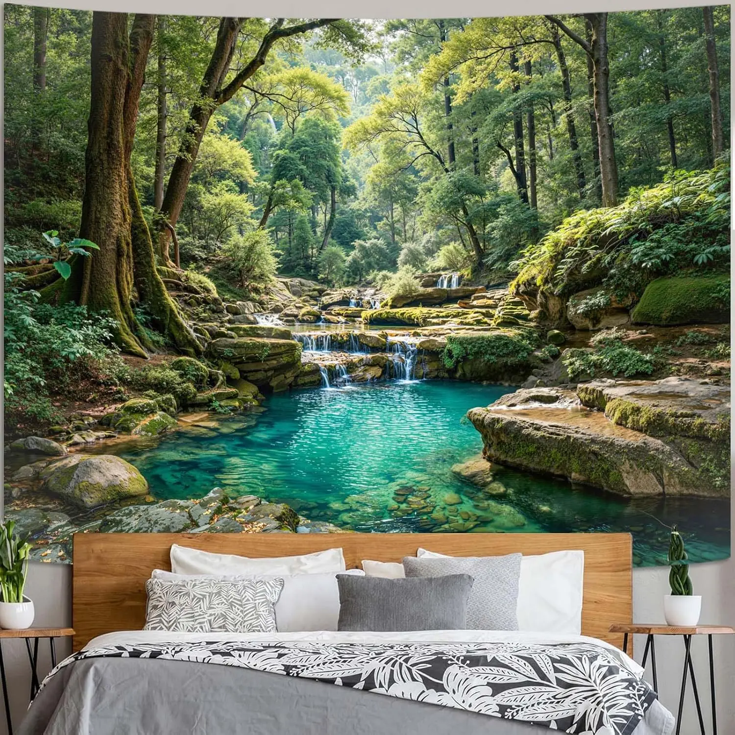 Tapiz de bosque natural, tapiz de pared de árbol verde para dormitorio, planta estética, corriente, paisaje de piscina, tapices pequeños para colgar en la pared