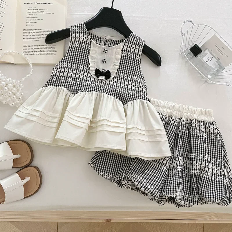 

Girls Clothes Set Summer 2025 Sleeveless Plaid Vest Shirt+Pants Retro Baby Girl Clothes 2Pcs Fashion Kids Clothing Sets 2-9Yrs
