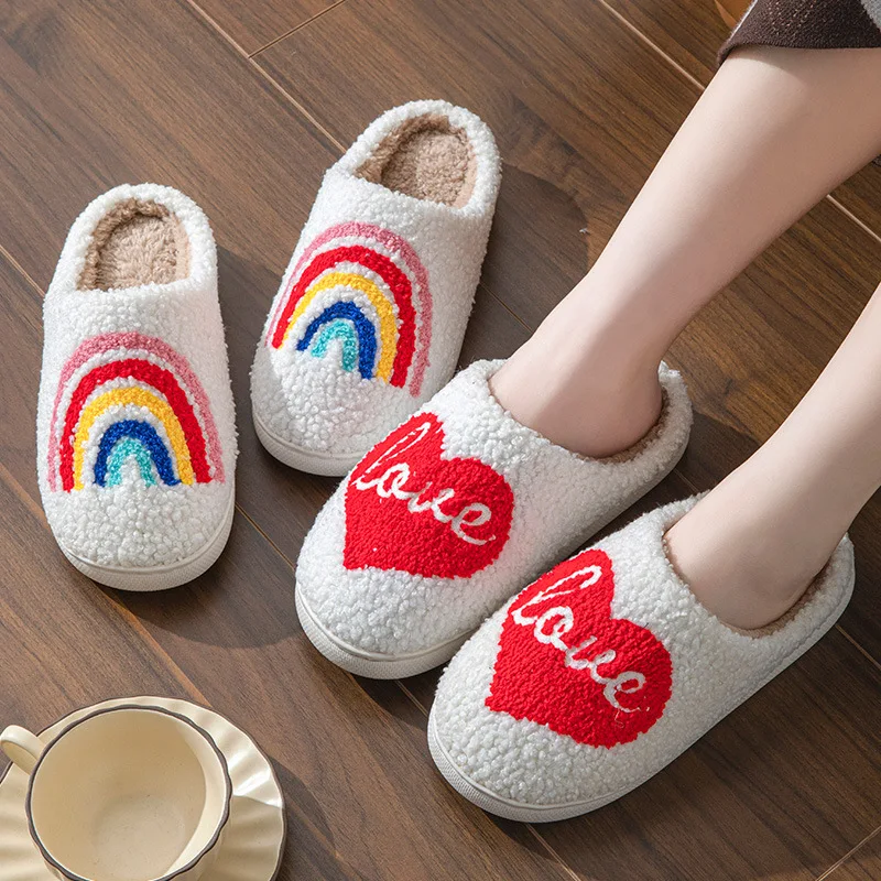 

Rainbow Winter Women's Slippers Home Fluffy Love Luxury Designer Woman Shoes Casual Elegant Plush Indoor Fuzzy Fur Slides Soft