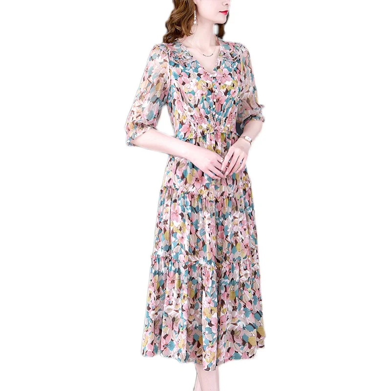 Summer Floral Natural Silk V-Neck Midi Dress Women Boho Fashion Light Beach Sundress 2024 Korean Elegant Bodycon Casual Dresses