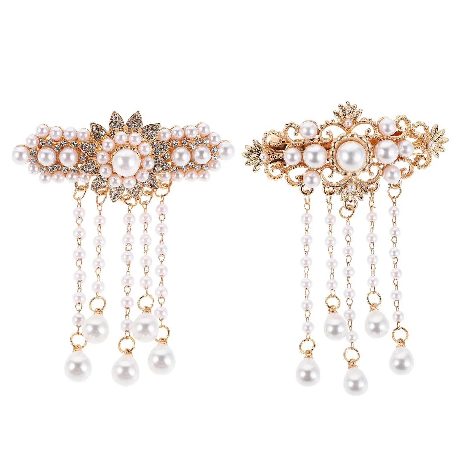 

2Pcs Vintage Chinese Style Pearl Tassel Hair Clips Small Spring Rhinestone Flower Barrettes Elegant Party Daily Accessories