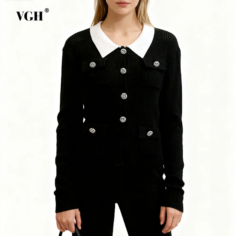 

VGH French Style Hit Color Chic Sweaters For Women Lapel Long Sleeve Spliced Button Autumn Temperament Sweater Female Fashion