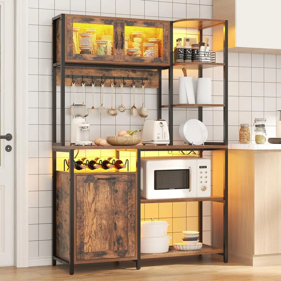 Bäckerregal mit Steckdose und LED-Beleuchtung, 42,5 Zoll großer industrieller Kaffeebar-Schrank mit Mülleimer-Aufbewahrungsfach, Aufbewahrungsschrank