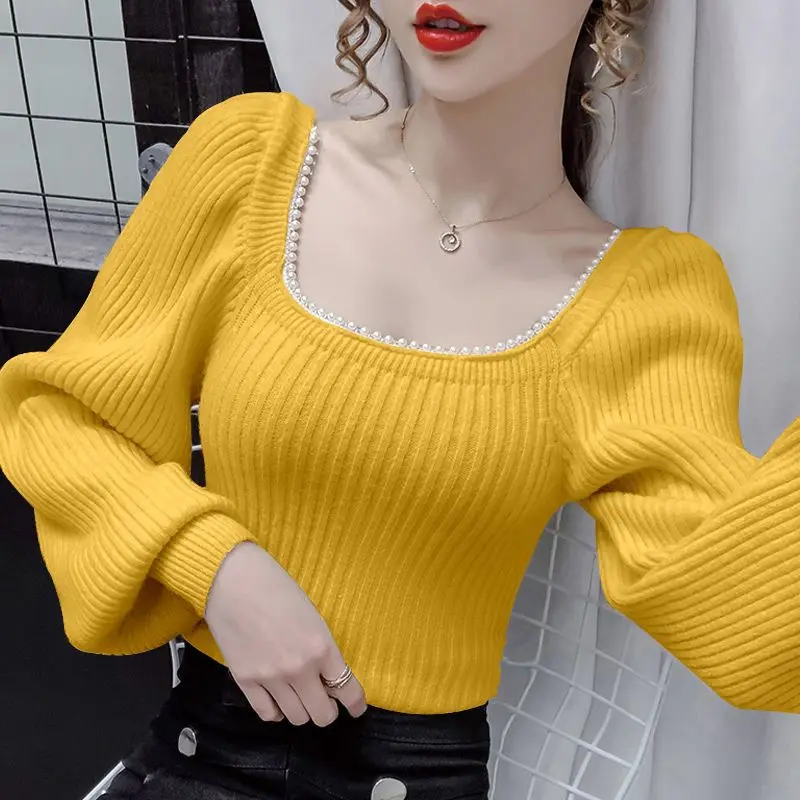 Fashion Square Collar Knitted Spliced Beading Sweaters Female Clothing 2023 Autumn New Casual Pullovers Solid Color Commute Tops