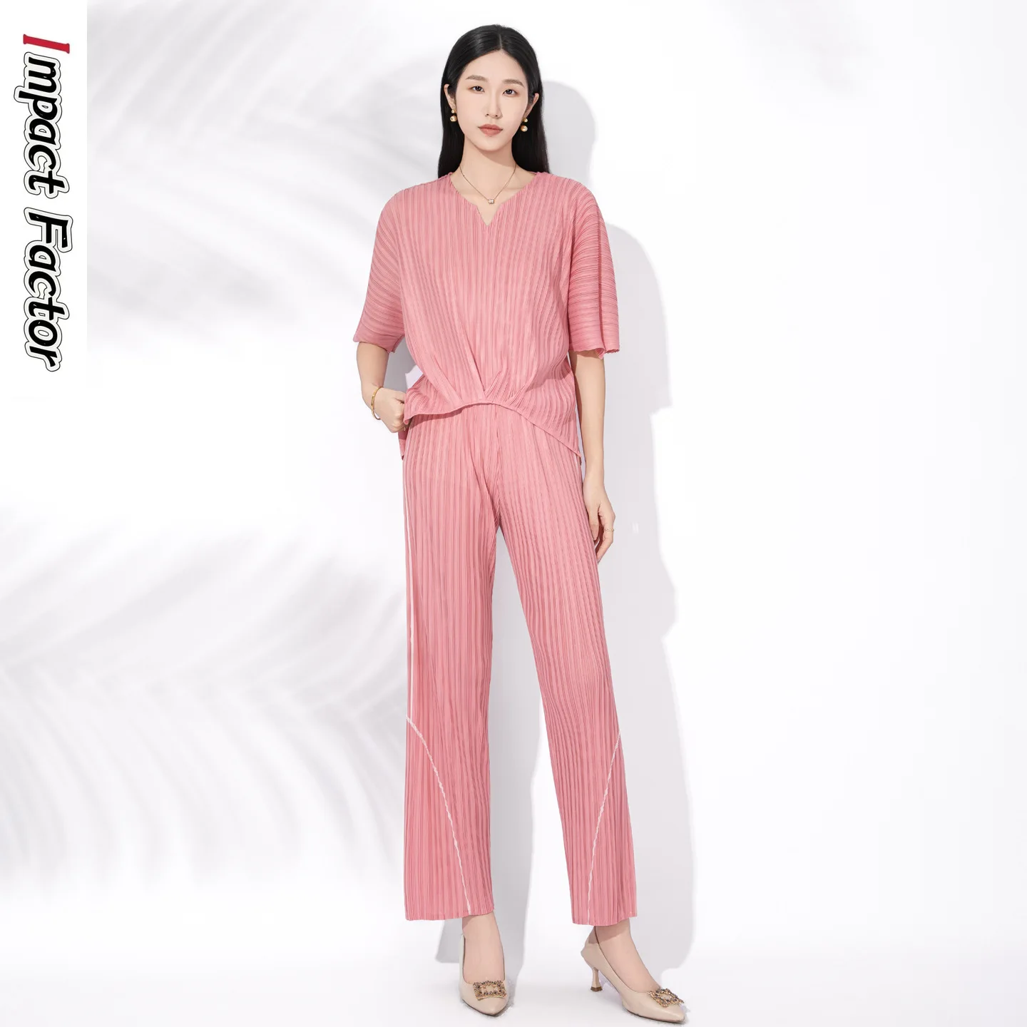 

Miyake Pleated Women's Straight-leg Pants Set 2026 Summer New Loose Pullover Top High Waist Drape Two-piece Set