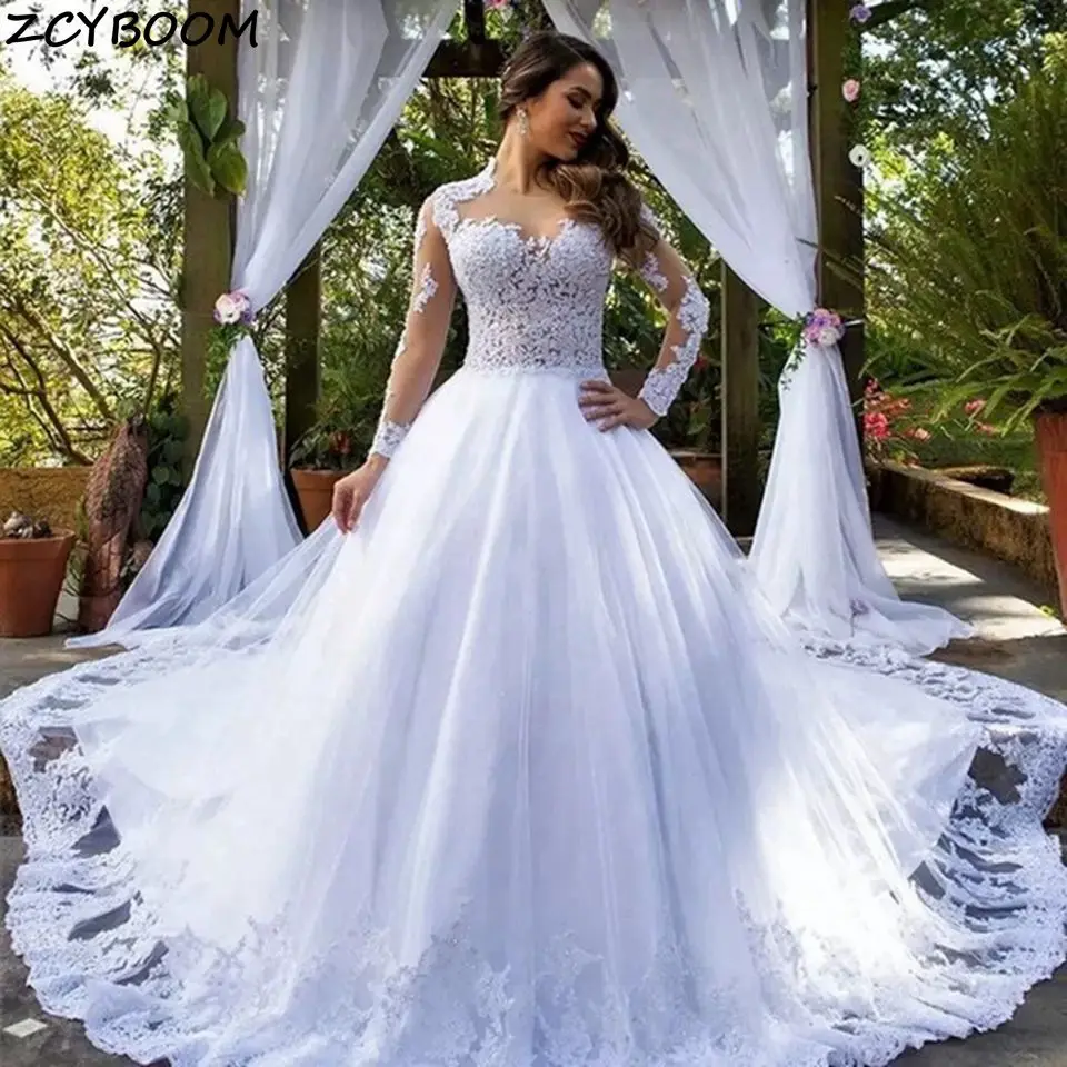 エレガントなホワイト/アイボリー Oネック レース アップリケ ウェディングドレス 2025 Aライン フロアレングス コートトレイン ビーズ スパンコール チュール ブライダルガウン