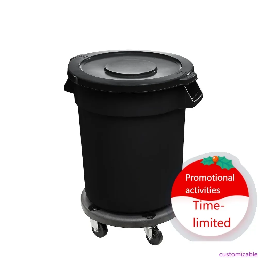 

32 Gallon Black Round Commercial Trash Bin with Lid and Wheeled Base for Cleaners, Parks, Sidewalks, and Roadside Use
