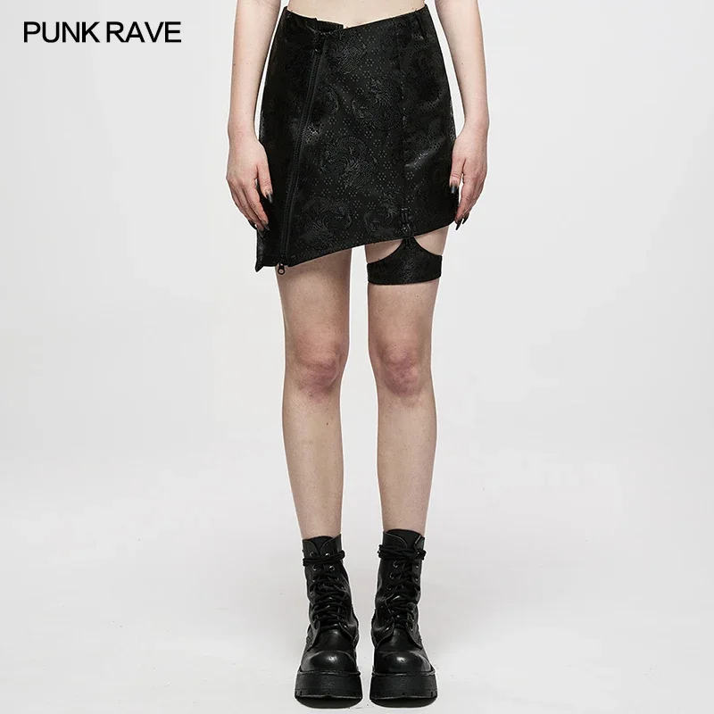 

PUNK RAVE Women's Chinese Style Dragon Pattern Jacquard Irregular Skirt Detachable Leg Loop Punk Small V-shaped Waist Skirts