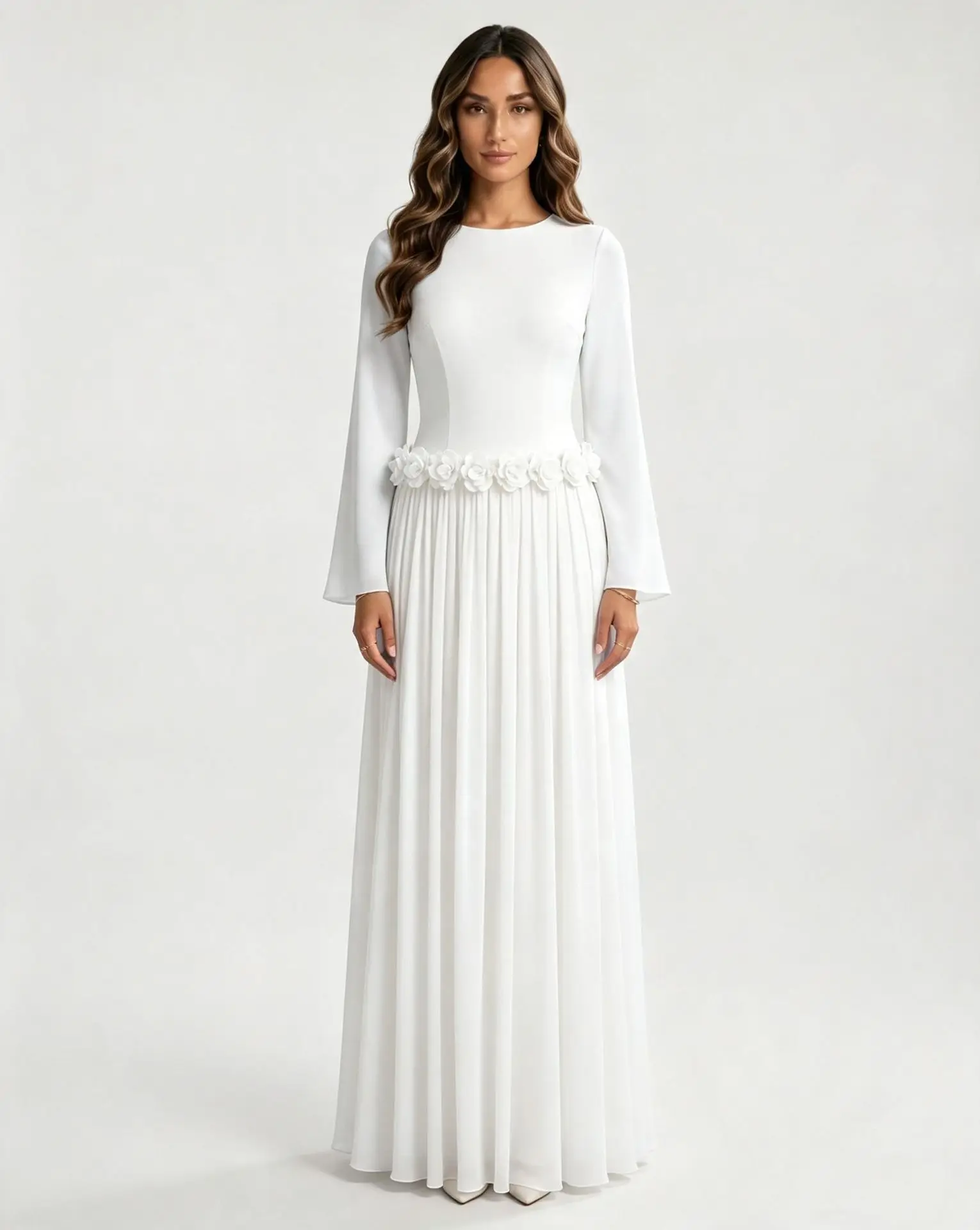 Ladies Muslim Pleated Maxi Dress 3D Floral Waist Decor Long Sleeve Formal Abaya Gown For Women Party Musulmane Kebaya Gown